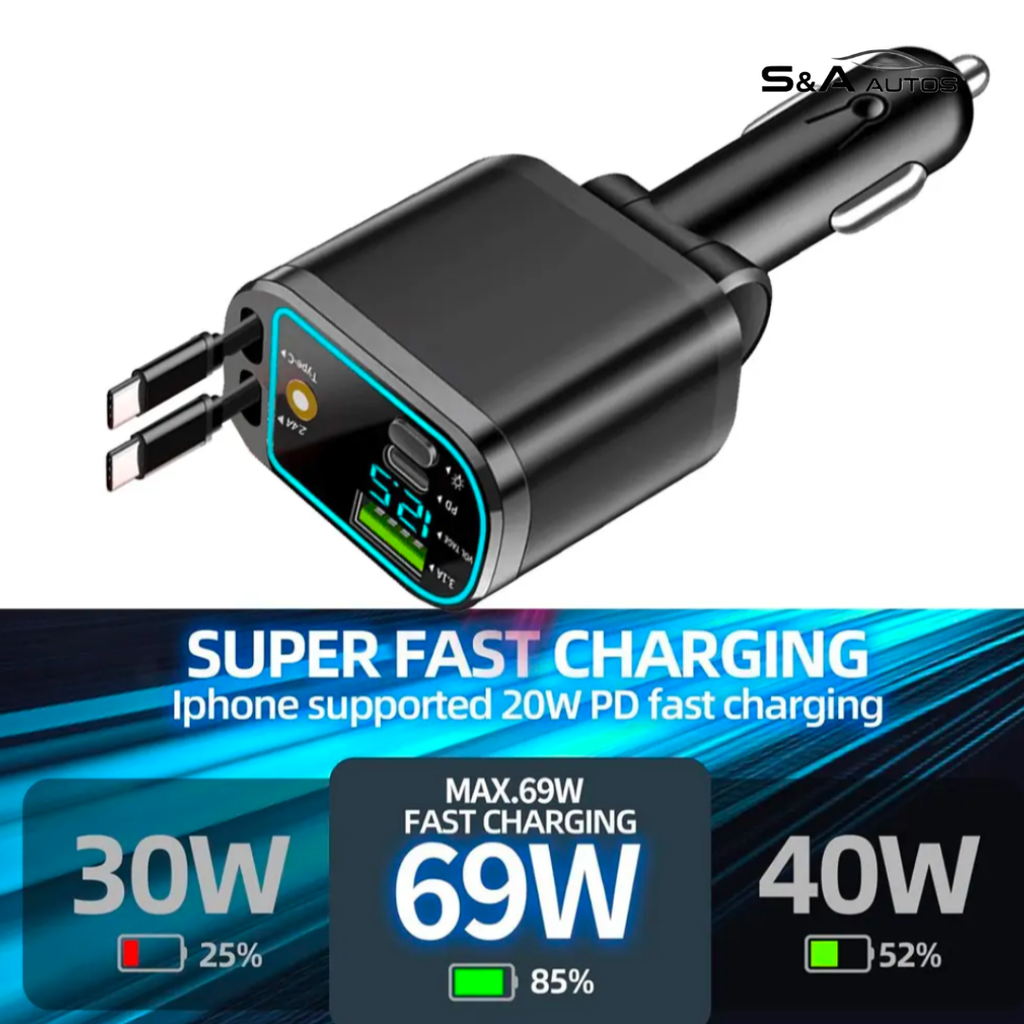 4-in-1 Fast Charging Car Charger with Retractable Cables Star Light & voltage dsiplay