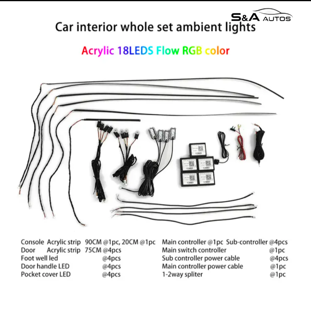 Car Interior Ambient LED Light Kit – App Controlled RGB Light (18pc)
