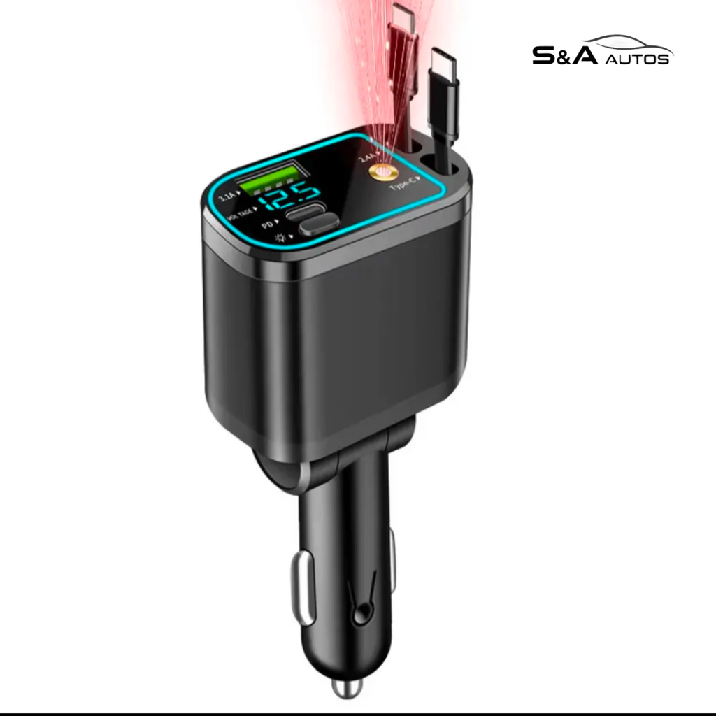 4-in-1 Fast Charging Car Charger with Retractable Cables Star Light & voltage dsiplay