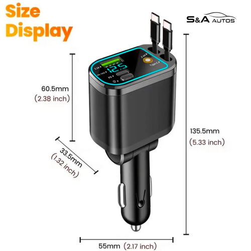 4-in-1 Fast Charging Car Charger with Retractable Cables Star Light & voltage dsiplay