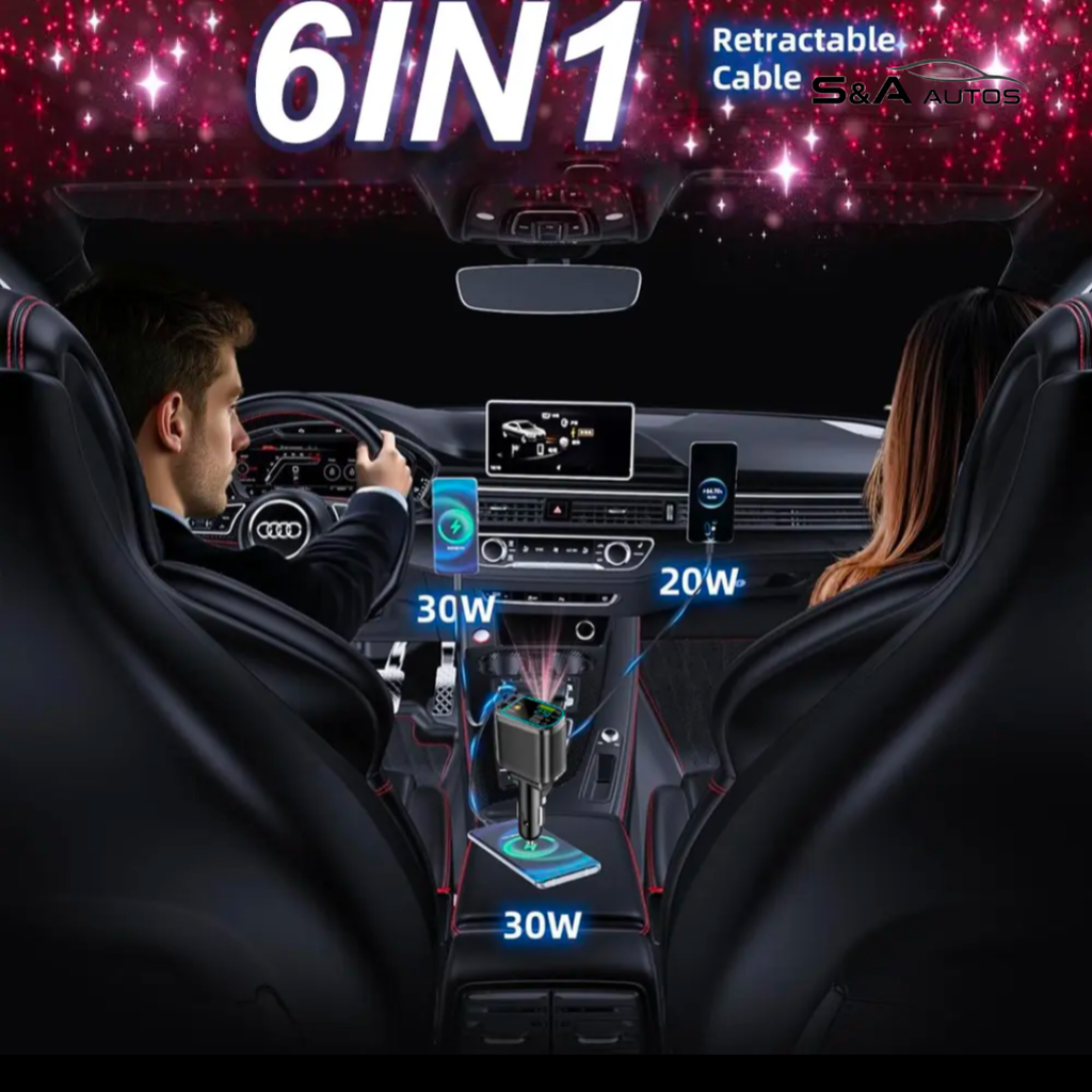 4-in-1 Fast Charging Car Charger with Retractable Cables Star Light & voltage dsiplay