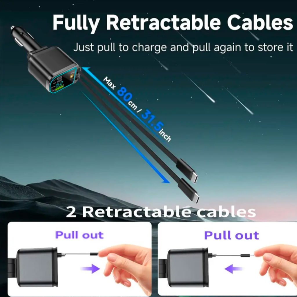 4-in-1 Fast Charging Car Charger with Retractable Cables Star Light & voltage dsiplay